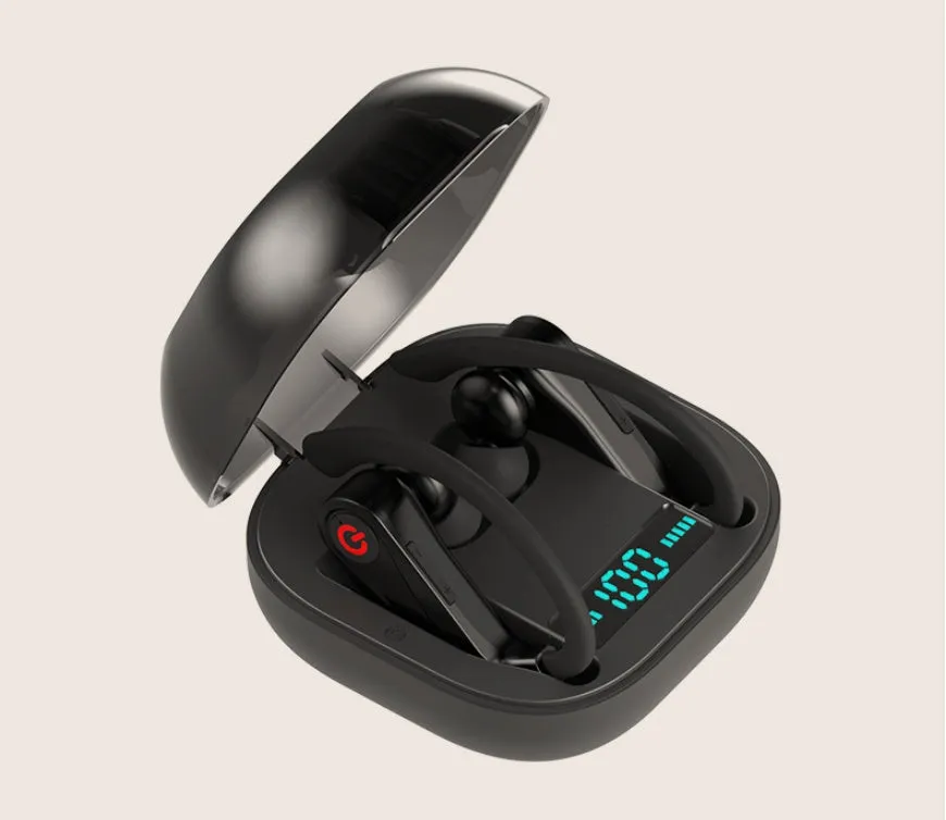 Black wireless Bluetooth earbuds headset with a 10-metre range and voice control functions.