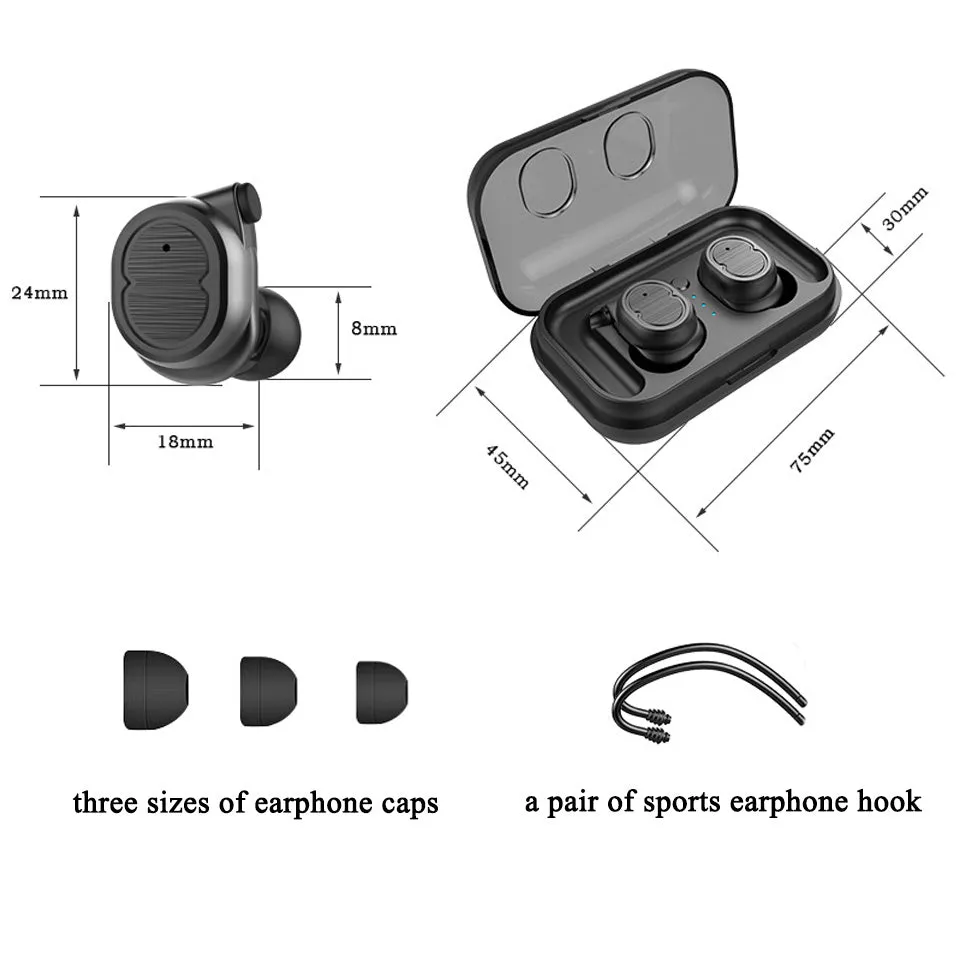 Wireless Bluetooth stereo earbud headset showing four colour options: black, white, red, and blue
