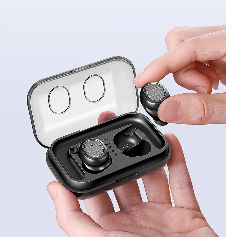 Wireless Bluetooth stereo earbud headset showing four colour options: black, white, red, and blue