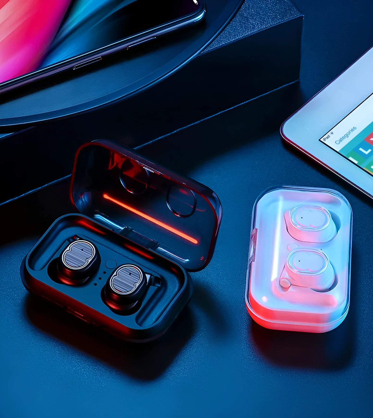 Wireless Bluetooth stereo earbud headset showing four colour options: black, white, red, and blue