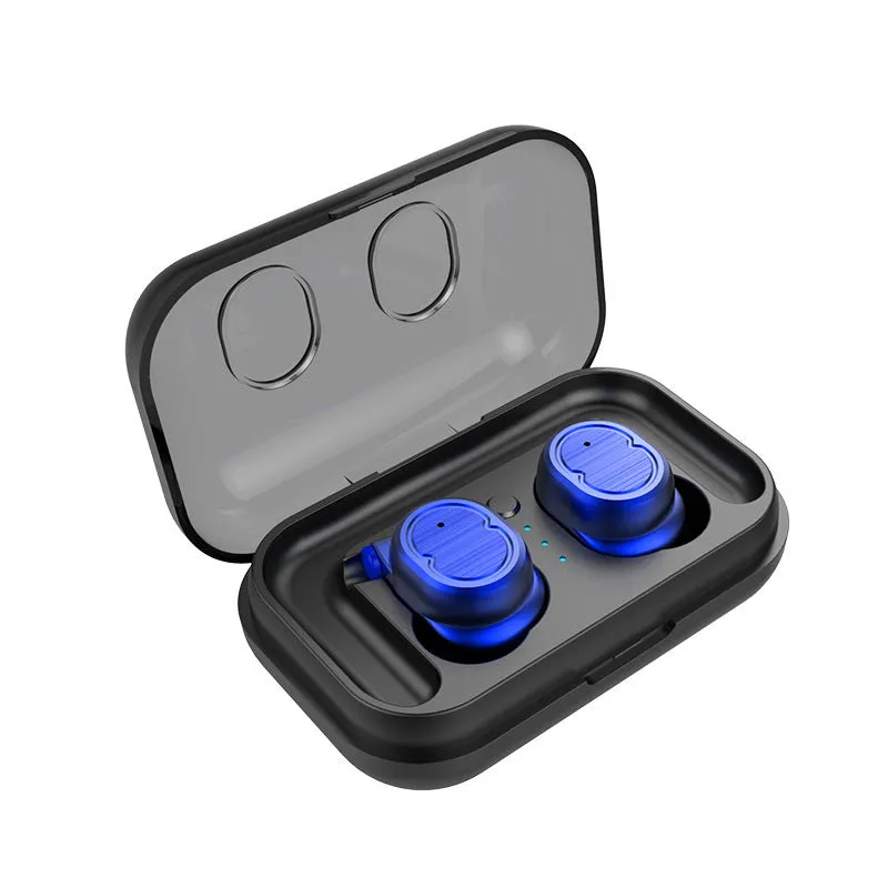 Wireless Bluetooth stereo earbud headset showing four colour options: black, white, red, and blue