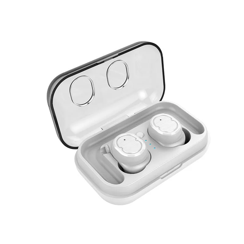 Wireless Bluetooth stereo earbud headset showing four colour options: black, white, red, and blue
