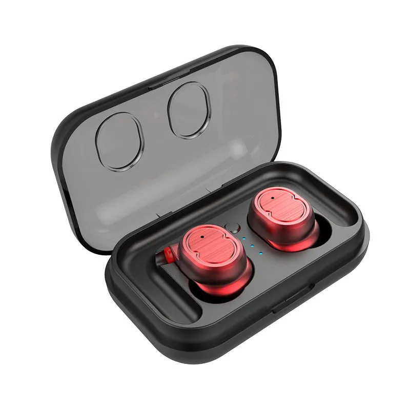 Wireless Bluetooth stereo earbud headset showing four colour options: black, white, red, and blue