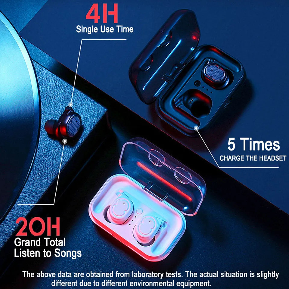 Wireless Bluetooth stereo earbud headset showing four colour options: black, white, red, and blue