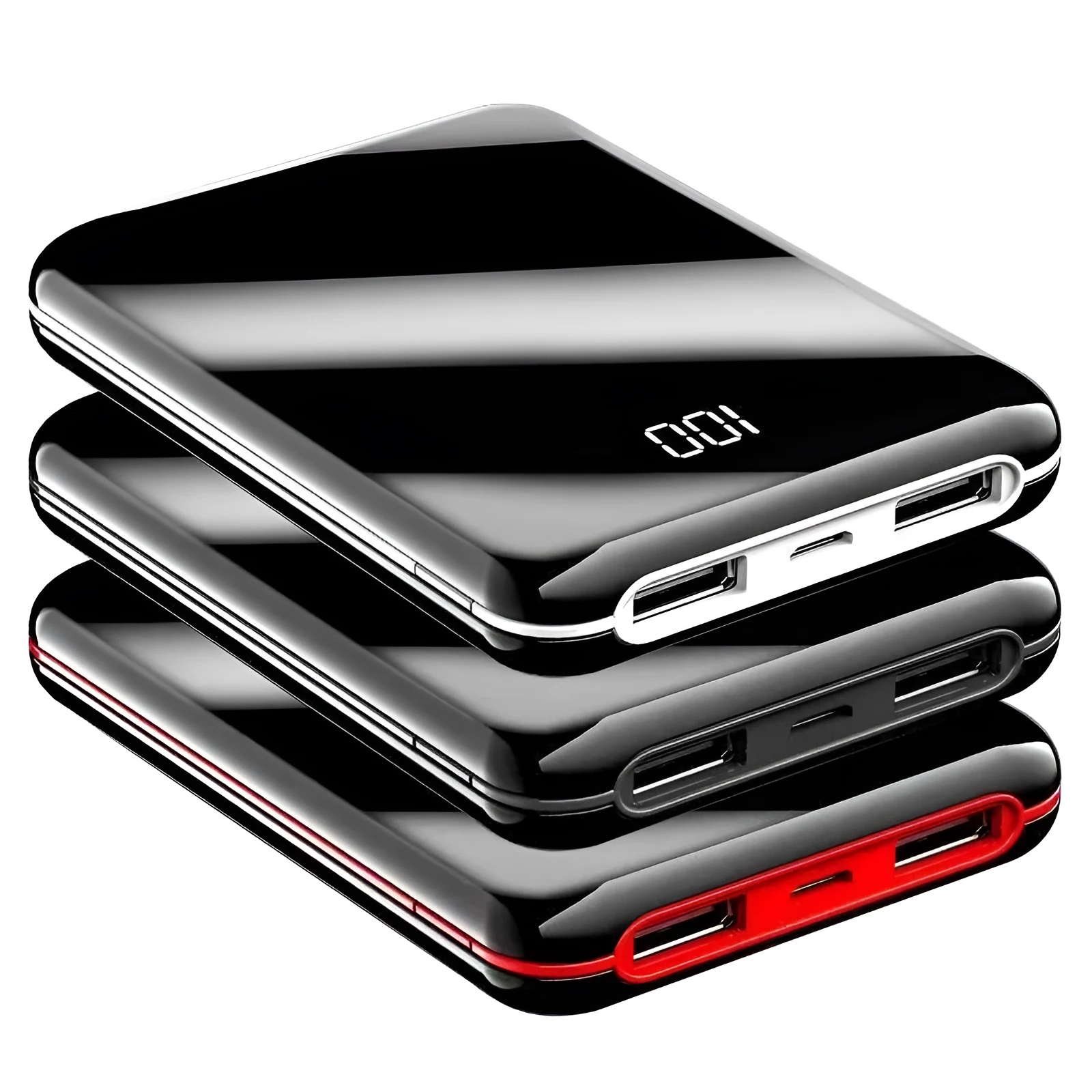 Mini LCD display power bank showing battery percentage on screen in black, red or white colours