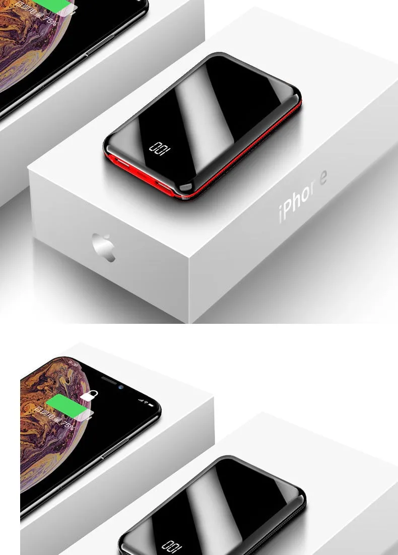 Mini LCD display power bank showing battery percentage on screen in black, red or white colours