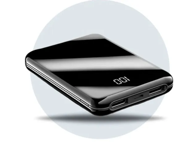 Mini LCD display power bank showing battery percentage on screen in black, red or white colours