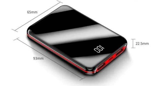 Mini LCD display power bank showing battery percentage on screen in black, red or white colours