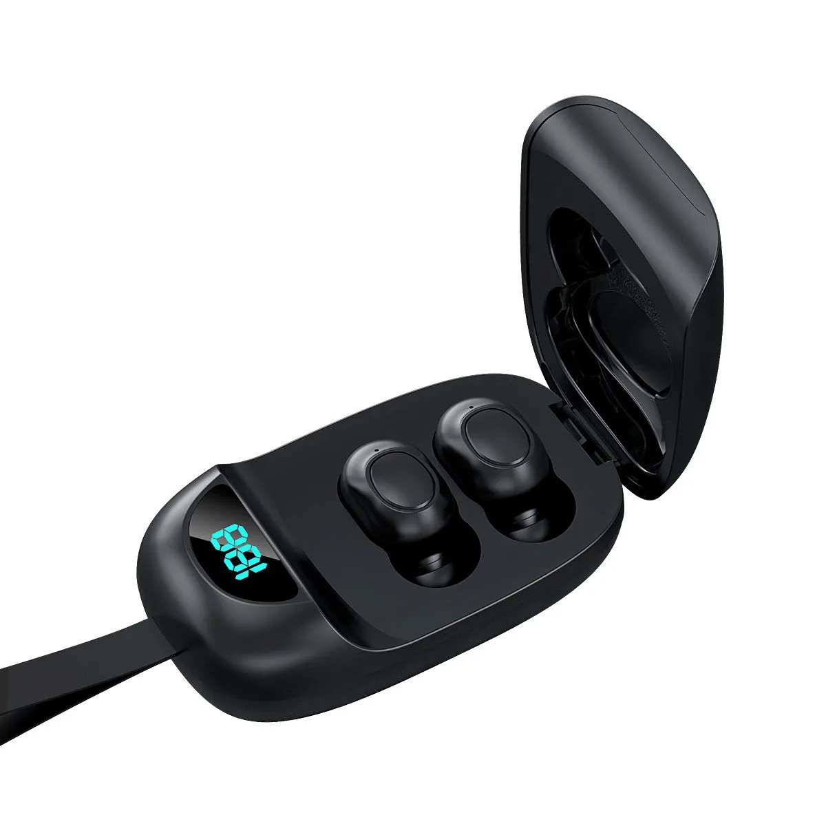 Black Bluetooth 5.1 true wireless stereo headphones with charging case showing battery display
