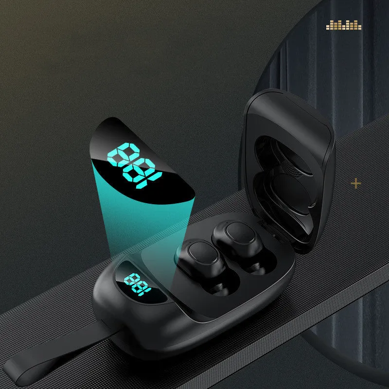 Black Bluetooth 5.1 true wireless stereo headphones with charging case showing battery display