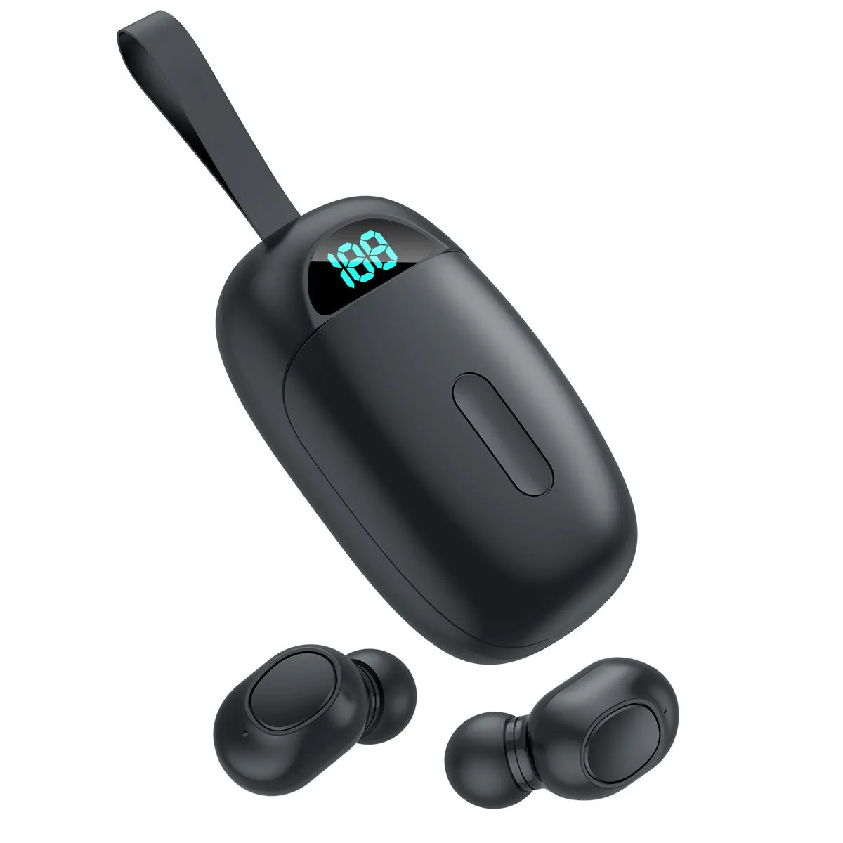 Black Bluetooth 5.1 true wireless stereo headphones with charging case showing battery display