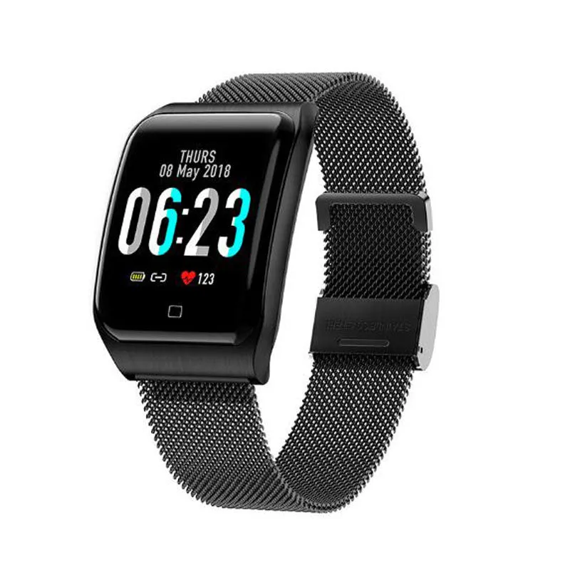 F9 smart bracelet with metal strap and large colour screen displaying health metrics.