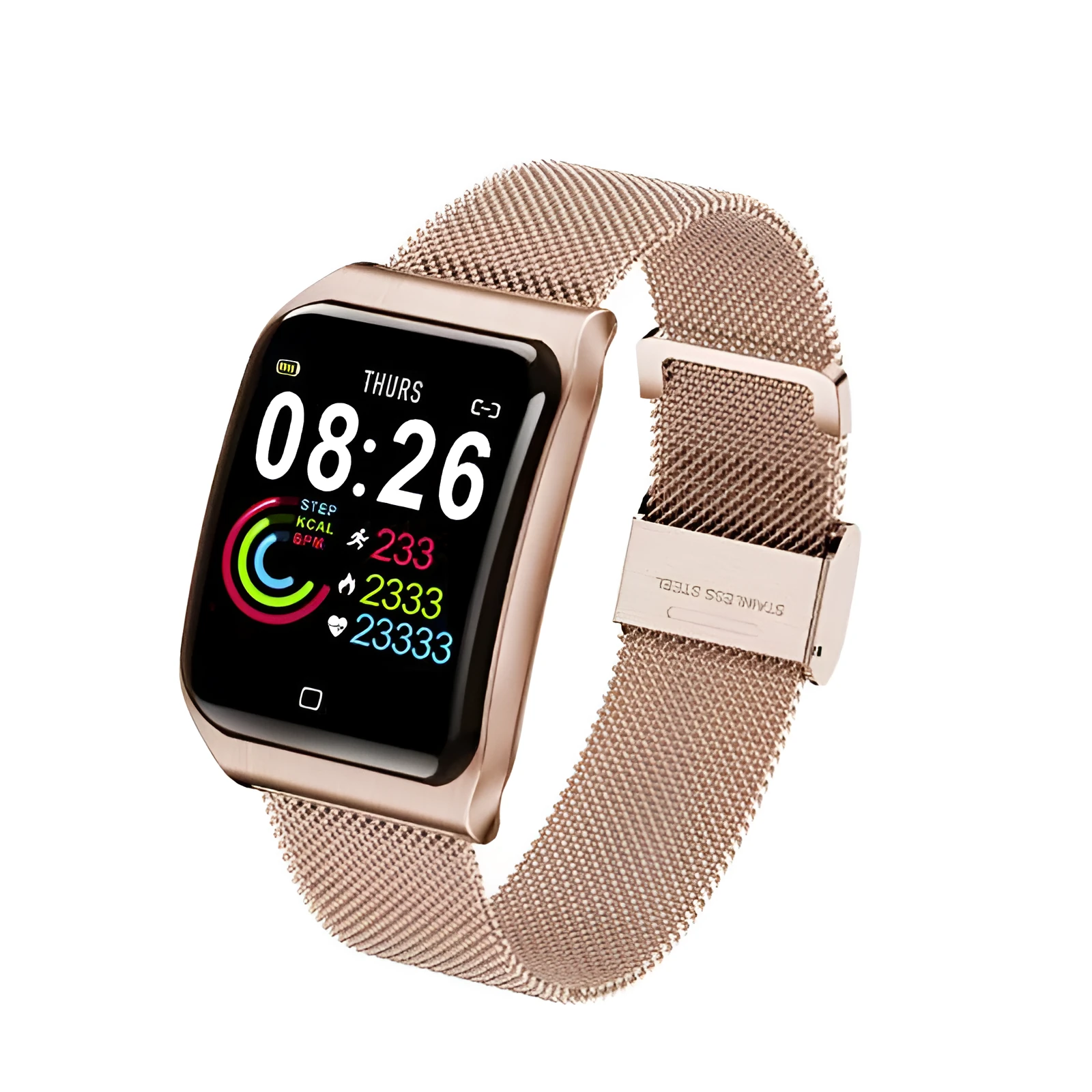 F9 smart bracelet with metal strap and large colour screen displaying health metrics.