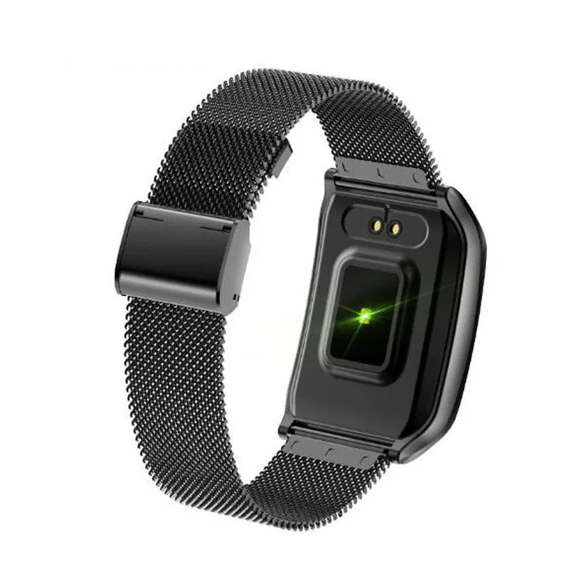 F9 smart bracelet with metal strap and large colour screen displaying health metrics.