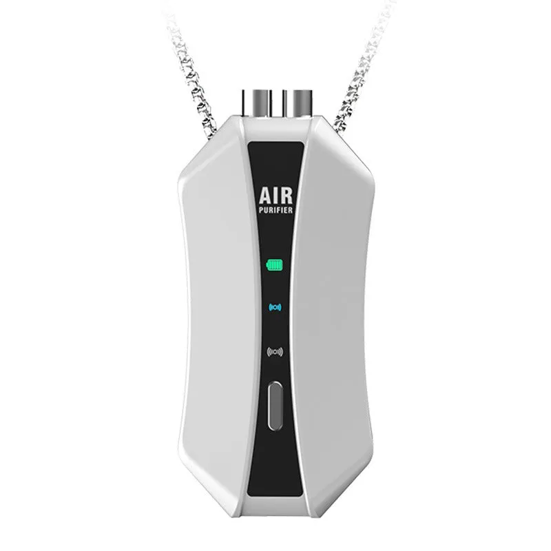 Portable negative ion air purifier necklace with LCD screen measuring 85mm by 39mm by 23mm in black or white colour
