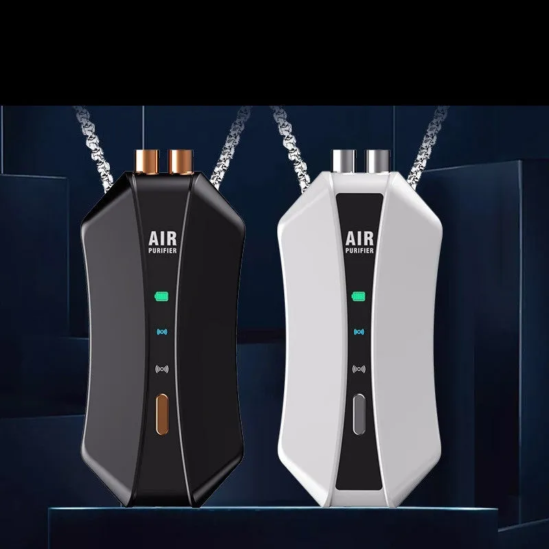 Portable negative ion air purifier necklace with LCD screen measuring 85mm by 39mm by 23mm in black or white colour