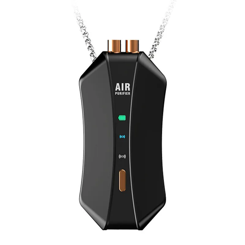 Portable negative ion air purifier necklace with LCD screen measuring 85mm by 39mm by 23mm in black or white colour