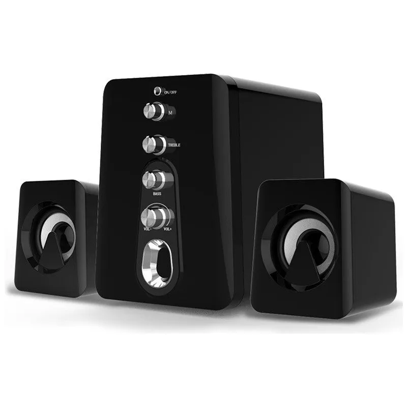Mini black and white USB-powered 2.1 computer speaker system with subwoofer on a desktop.
