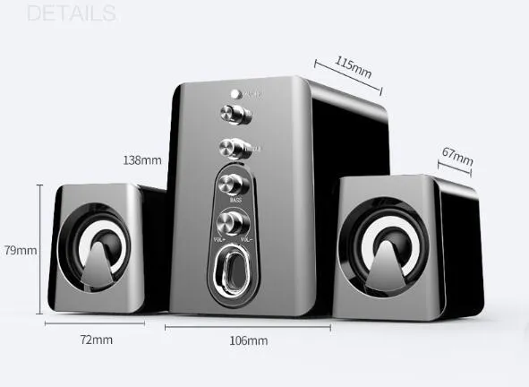 Mini black and white USB-powered 2.1 computer speaker system with subwoofer on a desktop.