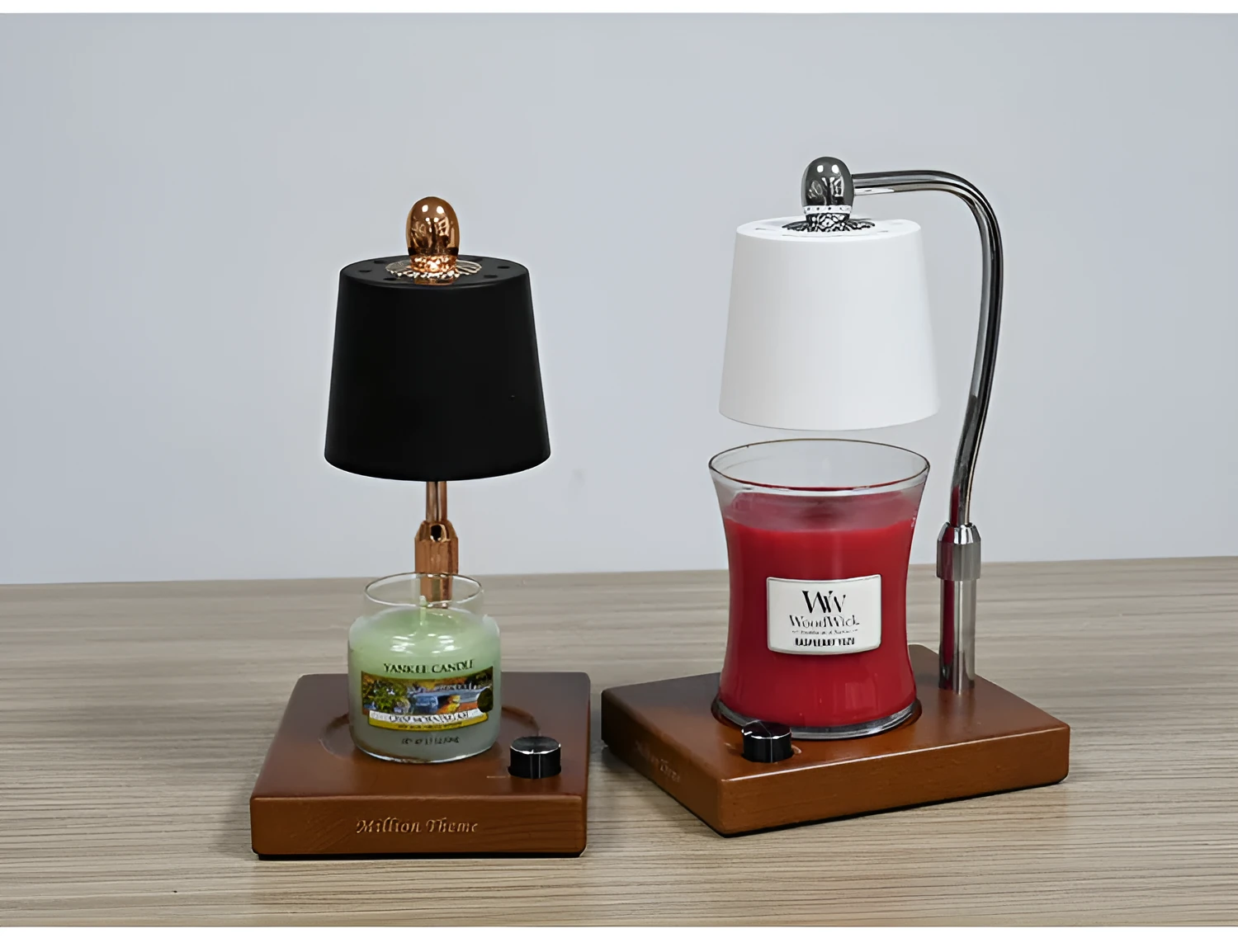 A black wooden aromatherapy wax lamp holding a candle on a bedroom surface.