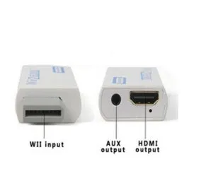 Wii to HDMI adapter converter showing HDMI and 3.5mm audio outputs for Nintendo console