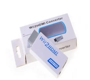 Wii to HDMI adapter converter showing HDMI and 3.5mm audio outputs for Nintendo console