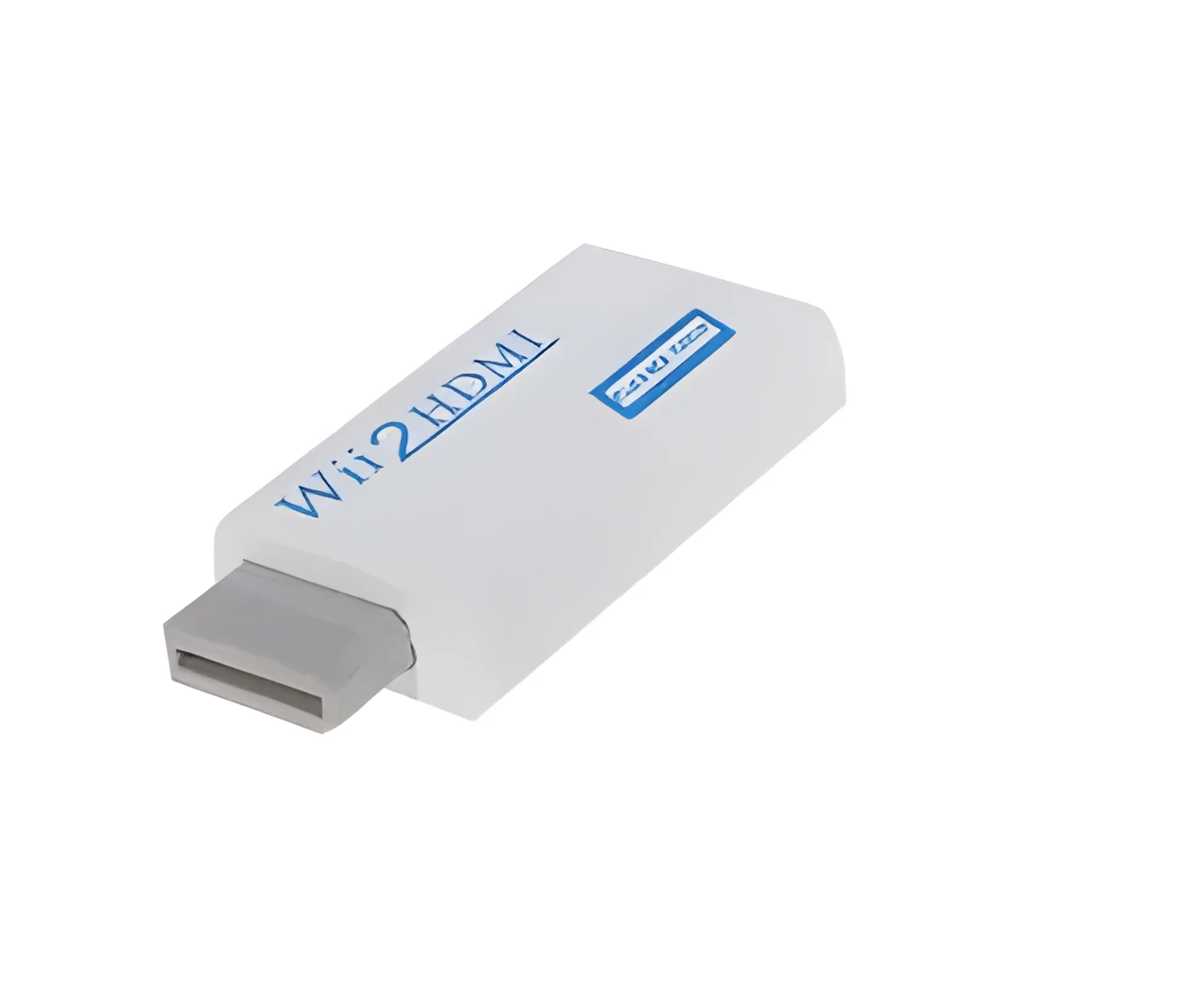 Wii to HDMI adapter converter showing HDMI and 3.5mm audio outputs for Nintendo console