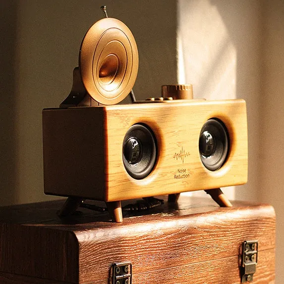 B6 wireless Bluetooth speaker with imitation wood cabinet in dark brown colour, showing front speaker grille and control panel