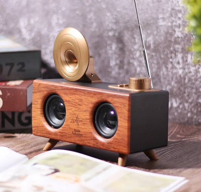 B6 wireless Bluetooth speaker with imitation wood cabinet in dark brown colour, showing front speaker grille and control panel