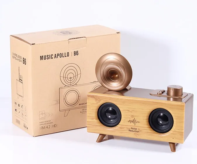 B6 wireless Bluetooth speaker with imitation wood cabinet in dark brown colour, showing front speaker grille and control panel