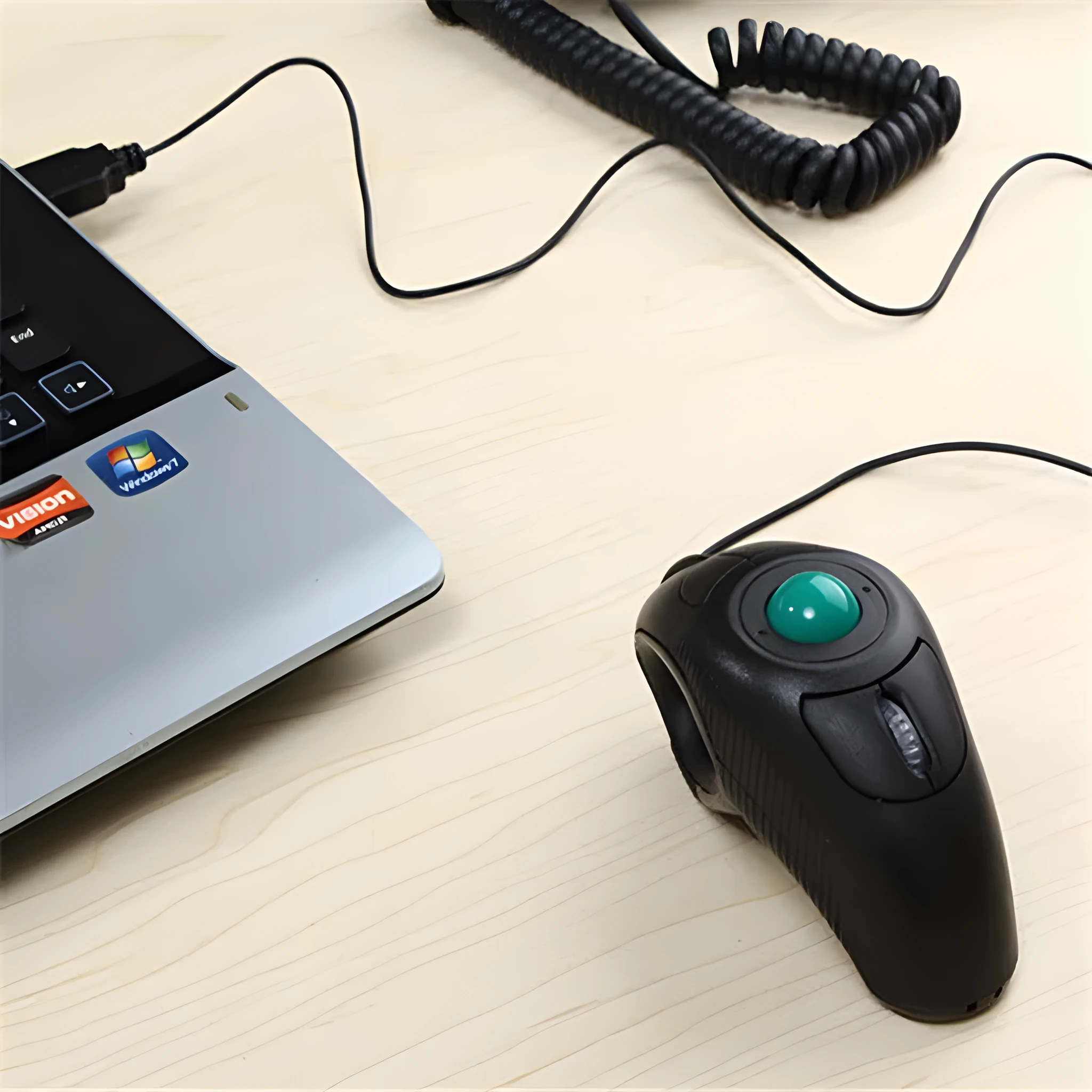 Black wireless trackball mouse with six buttons and USB receiver for laptop use