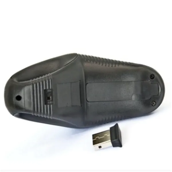 Black wireless trackball mouse with six buttons and USB receiver for laptop use