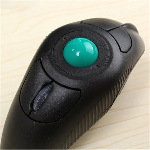 Black wireless trackball mouse with six buttons and USB receiver for laptop use