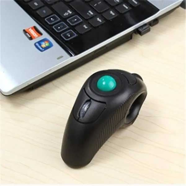 Black wireless trackball mouse with six buttons and USB receiver for laptop use