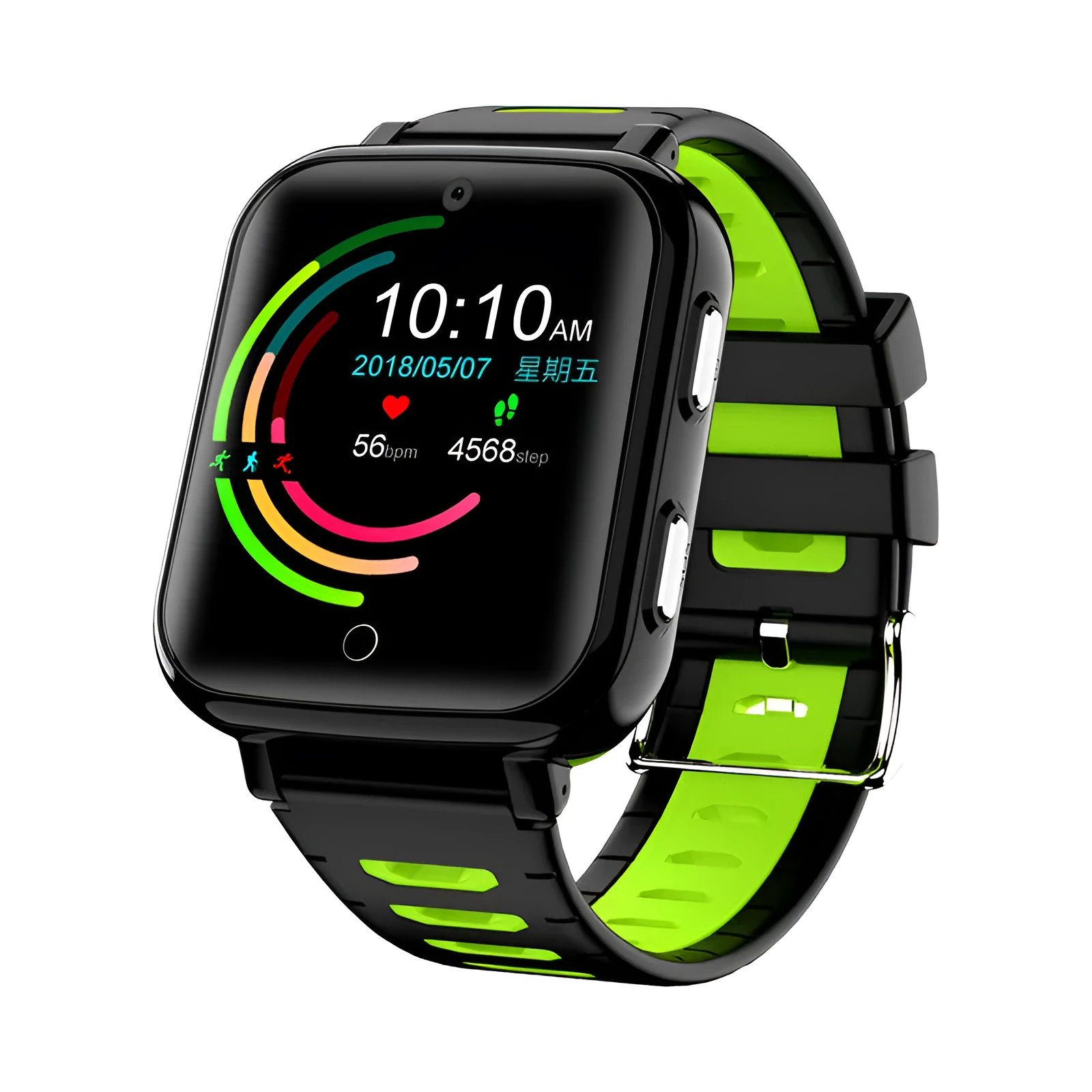 GPS smart watch with video camera and payment functions in blue, green, red, or silver