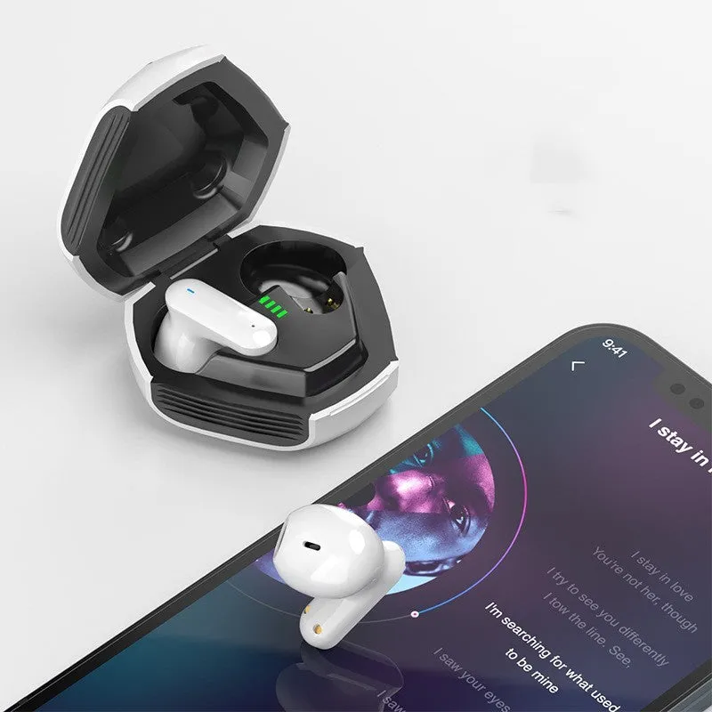 White plastic active noise reduction in-ear Bluetooth headset with touch controls and Type-C charging port