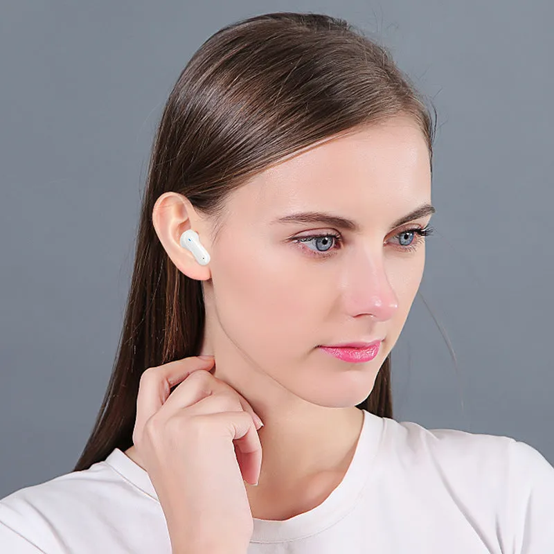 White plastic active noise reduction in-ear Bluetooth headset with touch controls and Type-C charging port