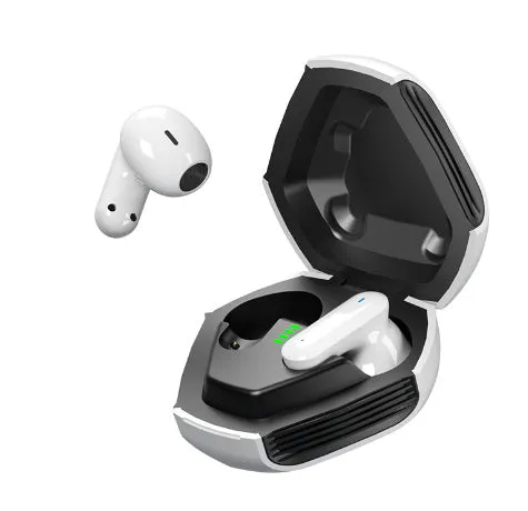 White plastic active noise reduction in-ear Bluetooth headset with touch controls and Type-C charging port