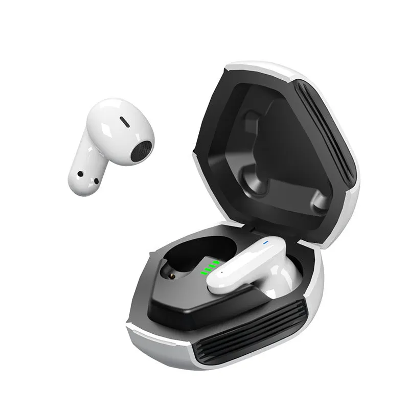 White plastic active noise reduction in-ear Bluetooth headset with touch controls and Type-C charging port