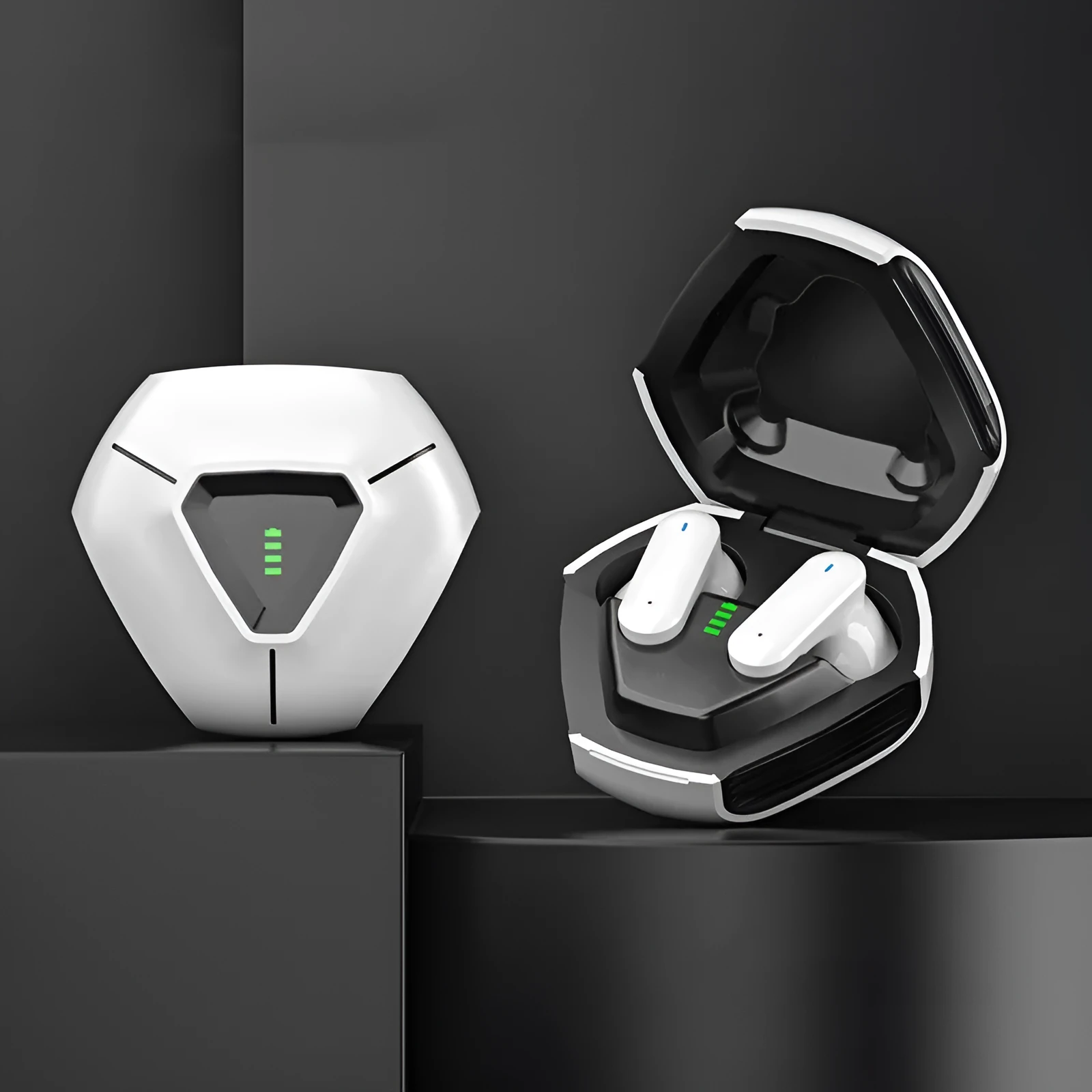 White plastic active noise reduction in-ear Bluetooth headset with touch controls and Type-C charging port