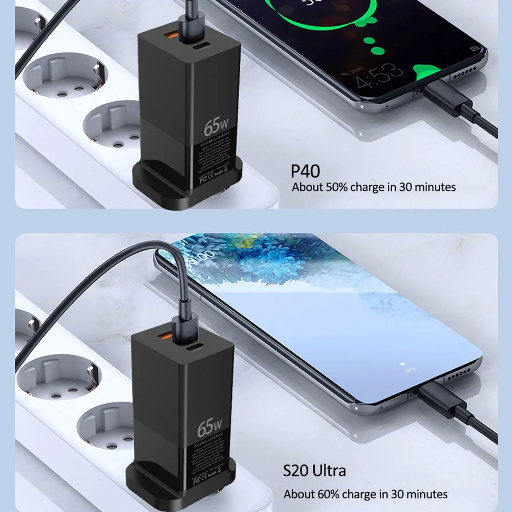 65W PD charger in black with dual Type-C and one USB port, UK plug variant