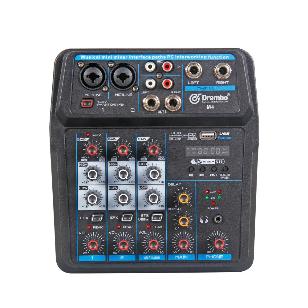 M4 or M6 model small audio mixer with PVC housing for live broadcast and KTV use.