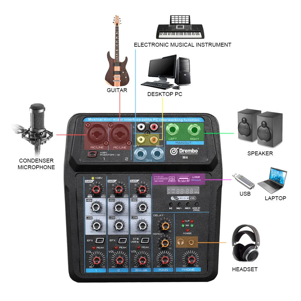 M4 or M6 model small audio mixer with PVC housing for live broadcast and KTV use.