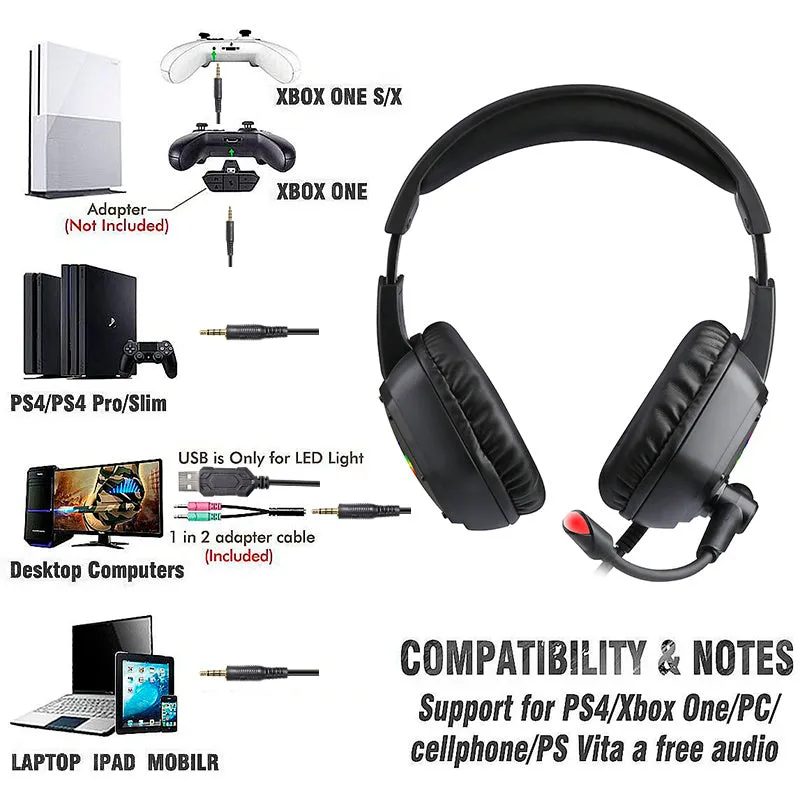 Black wired gaming headset with RGB lighting and built-in microphone showing 3.5mm plug connection