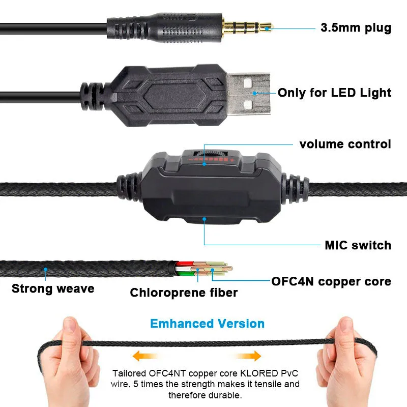 Black wired gaming headset with RGB lighting and built-in microphone showing 3.5mm plug connection
