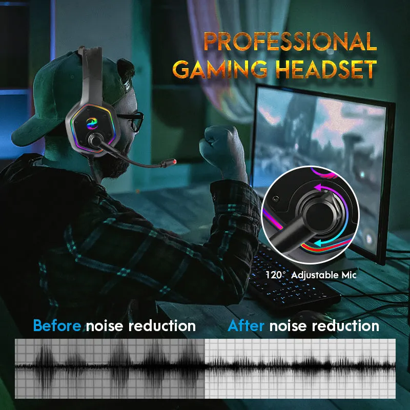 Black wired gaming headset with RGB lighting and built-in microphone showing 3.5mm plug connection
