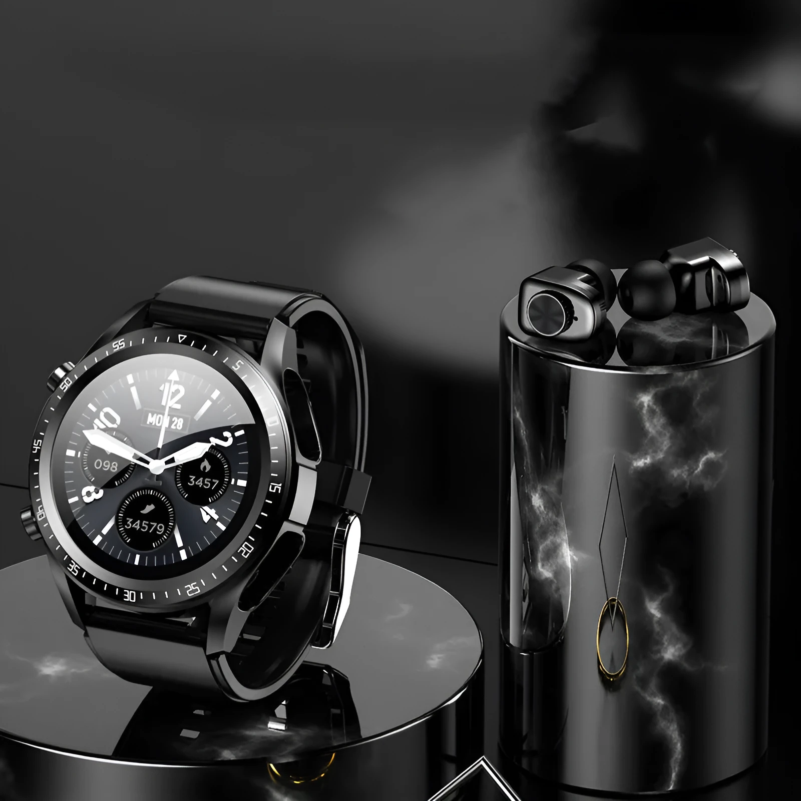 Black smart watch with stainless steel case, round dial, and separate smart bracelet call functionality