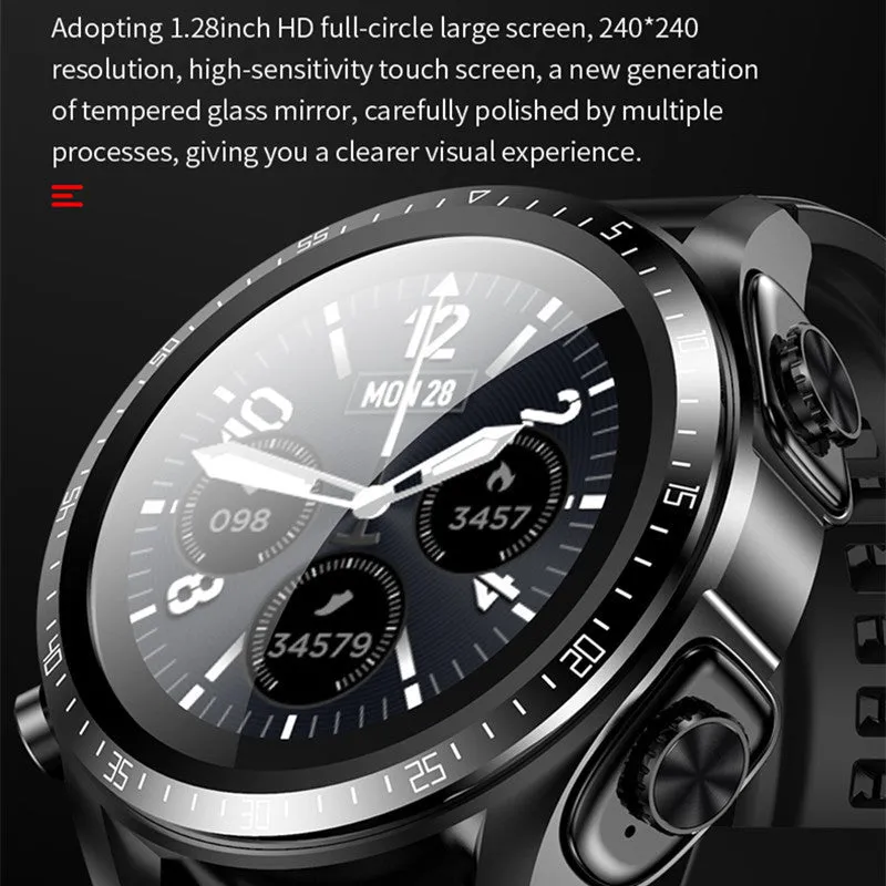 Black smart watch with stainless steel case, round dial, and separate smart bracelet call functionality