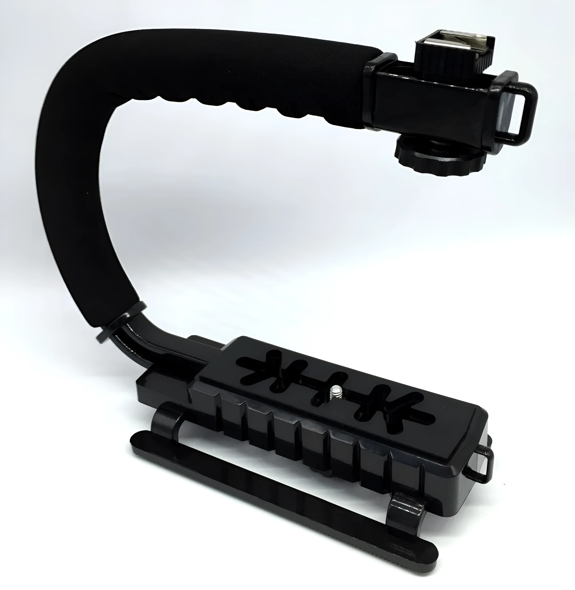 C-type handheld camera stabiliser bracket for DSLR cameras with plastic construction and sponge elements