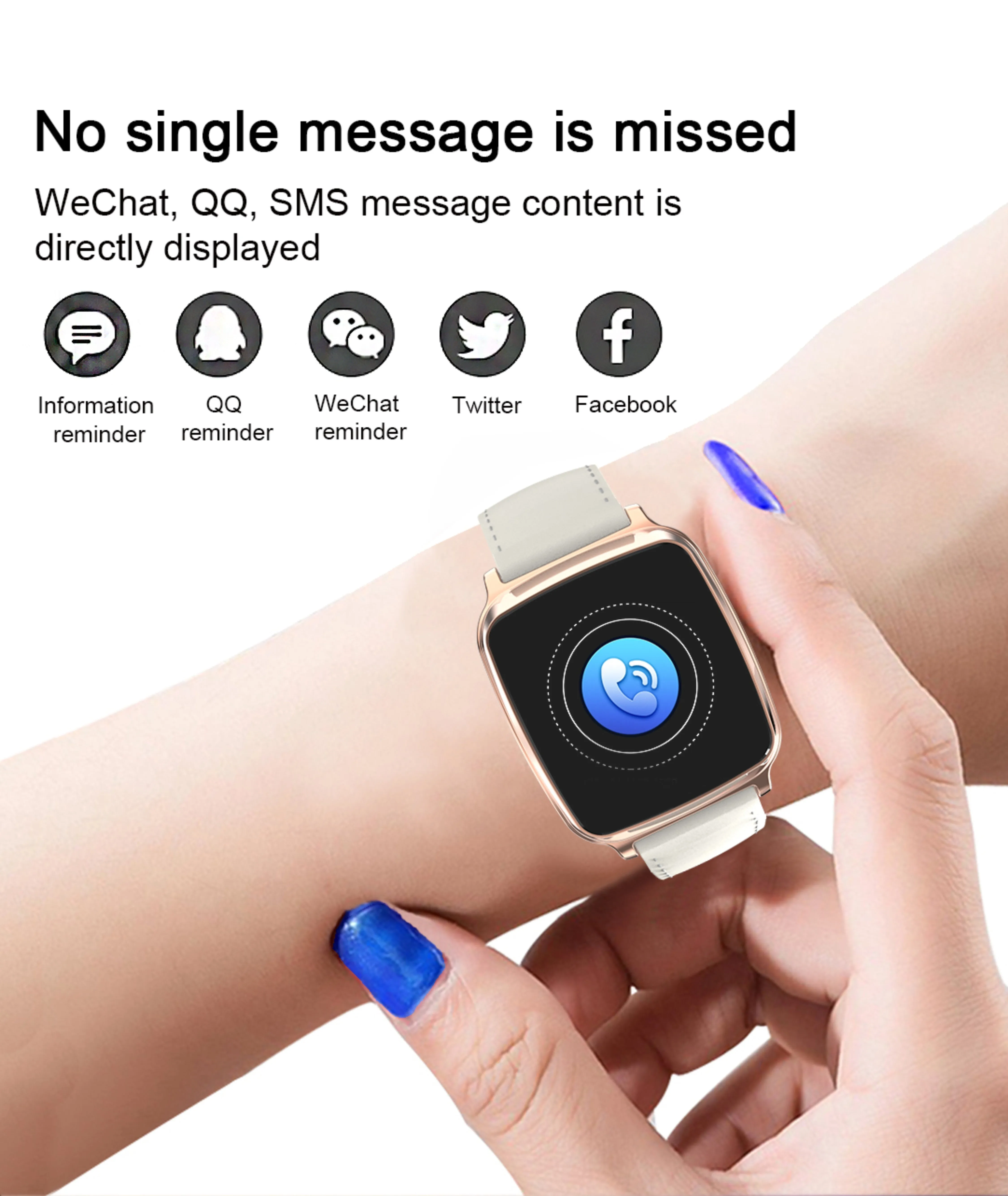 M8 multi-function smart bracelet in black on a wrist, showing the full-touch screen and zinc alloy body.